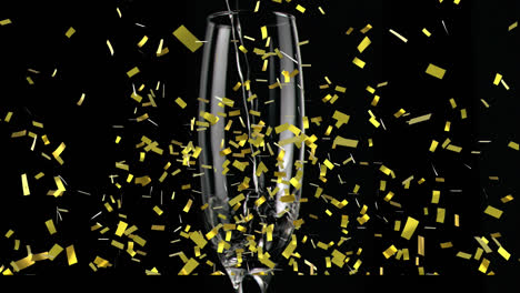Animation-Von-Goldenem-Konfetti,-Das-über-Ein-Champagnerglas-Auf-Schwarzem-Hintergrund-Fällt