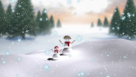 Animación-De-Nieve-Cayendo-Sobre-Un-Muñeco-De-Nieve-Sonriente-De-Madre-E-Hijo-En-Un-Paisaje-Invernal