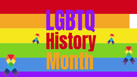 Animation-of-lgtb-history-month-text-with-ribbons-on-rainbow-background
