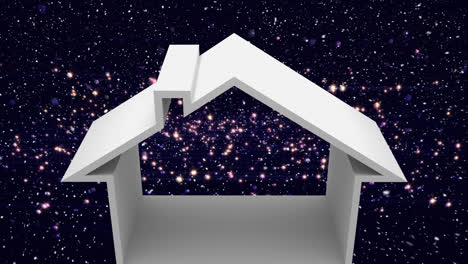 Animation-of-snow-falling-over-house-shape-and-christmas-glowing-fairy-lights