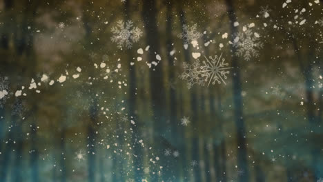 Animation-of-shooting-star-and-snow-falling-over-forest-background