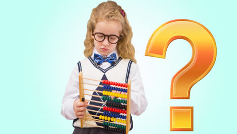 Animation-of-gold-question-mark-over-caucasian-schoolgirl-using-abacus,-on-blue