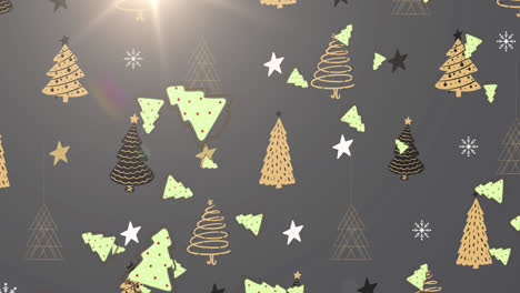 Multiple-christmas-tree-icons-falling-against-christmas-tree-icons-and-light-spot-on-grey-background