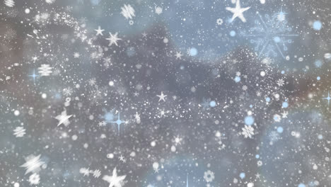 Digitale-Animation-Von-Fallendem-Schnee-Vor-Mehreren-Schneeflocken--Und-Sternensymbolen-Auf-Grauem-Hintergrund