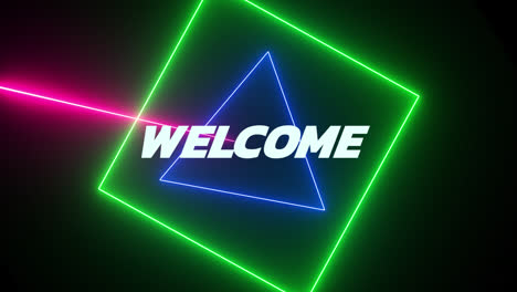 Animation-of-welcome-text-in-white-with-colourful-rotating-neon-shapes-scanning-on-black