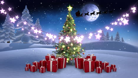 Animation-of-christmas-lights,-tree-and-presents-in-night-winter-landscape