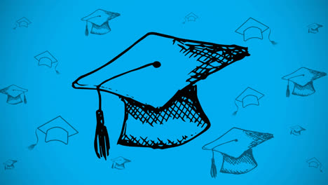 Animation-of-graduation-hats-moving-over-blue-background