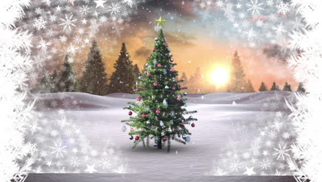 Nieve-Cayendo-Sobre-El-árbol-De-Navidad-En-El-Paisaje-Invernal-Contra-Múltiples-Iconos-De-Estrellas