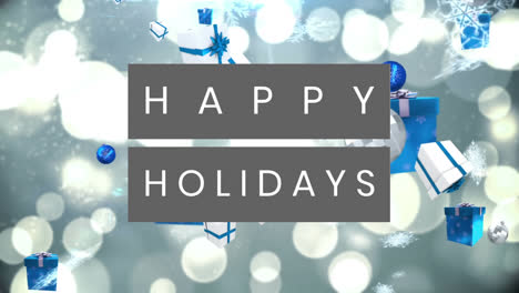 Frohe-Feiertage-Grau-Text-Banner-über-Weihnachtsgeschenke-Und-Kugeln-Fallen-Vor-Grauem-Hintergrund