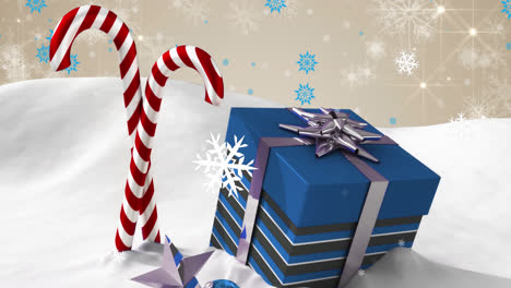 Animation-Fallender-Schneeflocken-über-Weihnachtsgeschenk-Und-Zuckerstangen