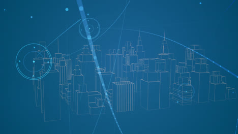 Animation-of-network-of-connections-over-digital-city-on-blue-background