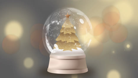 Estrella-Fugaz-Dorada-Sobre-El-árbol-De-Navidad-En-Un-Globo-De-Nieve-Contra-Manchas-De-Luz-Sobre-Fondo-Amarillo