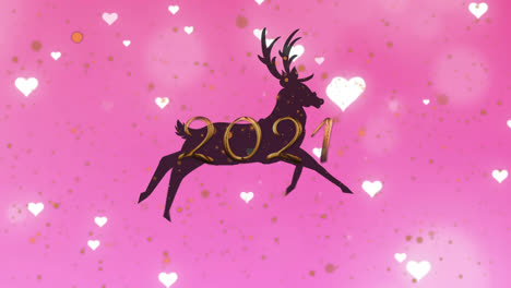Animation-of-2021-text-over-running-reindeer-and-falling-hearts-on-pink-background