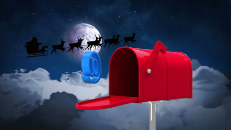 At-the-rate-sign-coming-put-of-red-mailbox-against-santa-claus-in-sleigh-being-pulled-by-reindeers