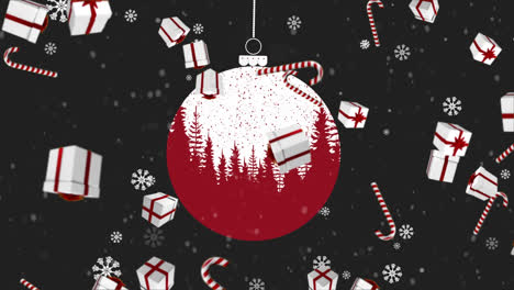 Animation-of-falling-candy-canes-adn-presents-over-christmas-bauble-on-dark-background