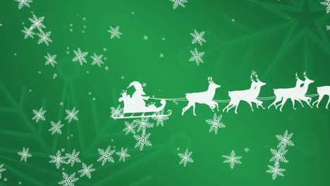 Animation-of-snow-falling-over-santa-close-sleigh-over-green-background
