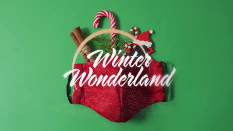 Animation-of-winter-wonderland-text-over-face-mask-and-christmas-decoration