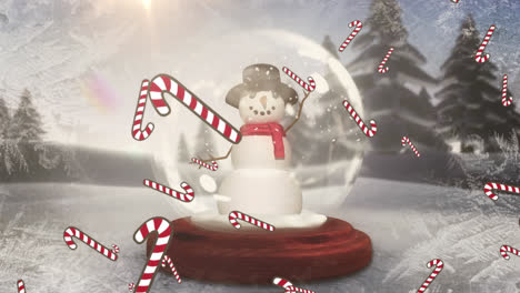 Multiple-candy-cane-icons-falling-over-snowman-in-a-snow-globe-on-winter-landscape