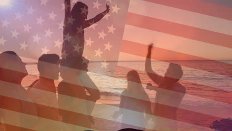 Animation-Der-Flagge-Der-Vereinigten-Staaten-Von-Amerika-über-Freunde,-Die-Spaß-Haben