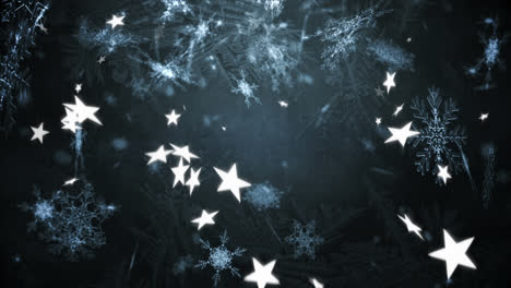 Digitale-Animation-Von-Schneeflocken-Und-Mehreren-Sternsymbolen,-Die-Vor-Grauem-Hintergrund-Fallen