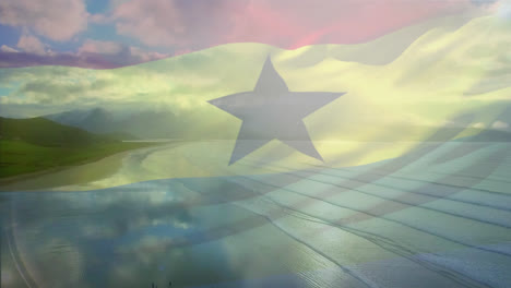 Animación-De-La-Bandera-De-Ghana-Ondeando-Sobre-El-Paisaje-De-La-Playa.