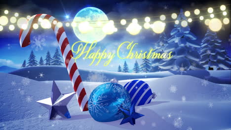 Animation-of-happy-christmas,-lights,-baubles-and-candies-in-night-winter-landscape