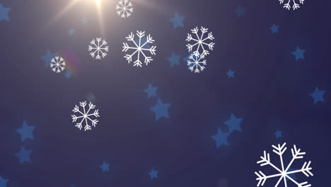 Animación-Digital-De-Copos-De-Nieve-Cayendo-Contra-Iconos-De-Estrellas-Azules-Flotando-Sobre-Fondo-Azul