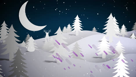 Estelas-De-Luz-Púrpura-Y-Nieve-Cayendo-Sobre-El-Paisaje-Invernal-Contra-La-Luna-En-El-Cielo-Nocturno