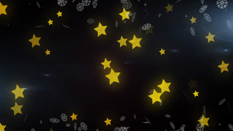 Digitale-Animation-Von-Schneeflocken-Und-Gelben-Sternsymbolen,-Die-Auf-Blauem-Hintergrund-Schweben