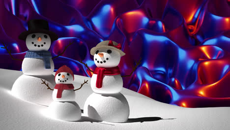 Red-decorative-designs-over-snowman-family-on-winter-landscape-against-digital-waves