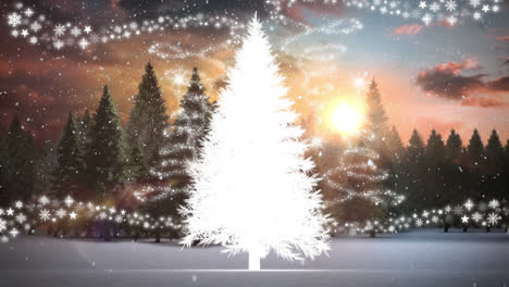 Schnee-Fällt-über-Weihnachtsbaum-Auf-Winterlandschaft-Vor-Mehreren-Sternsymbolen