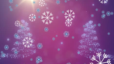 Animation-of-snow-falling-christmas-tree-pattern-on-purple-background