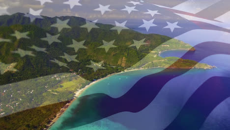 Digital-composition-of-waving-us-flag-against-aerial-view-of-the-sea