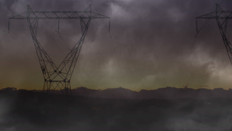 Animation-of-storm-with-pink-lightning-and-grey-clouds-over-electric-pylons