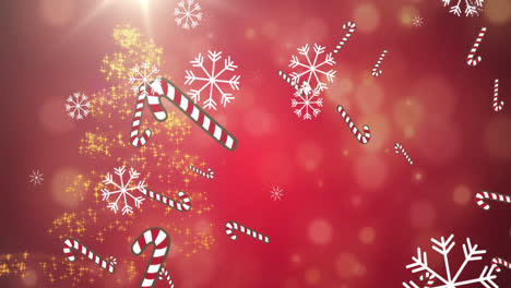 Animation-of-candy-cane-and-snow-falling-over-red-background