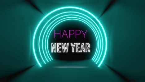 Animation-of-happy-new-year-text-in-pink-and-white-over-blue-neon-concentric-semi-circles-on-black