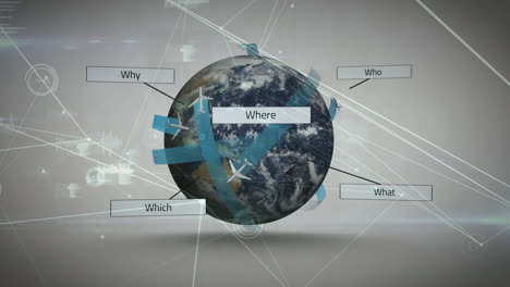 Animation-of-networks-of-connections-with-planes-and-text-over-globe