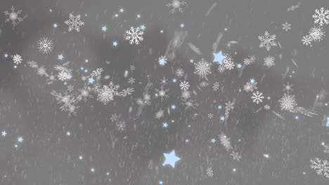 Digital-animation-of-snow-falling-against-multiple-snowflakes-and-stars-icons-on-grey-background