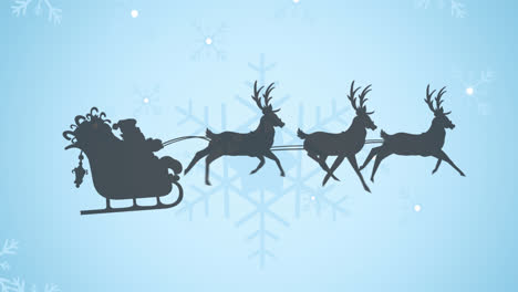 Animation-of-santa-claus-sleigh-with-reindeer-over-blue-background