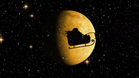 Santa-claus-in-sleigh-being-pulled-by-reindeers-against-shining-stars-an-moon-in-the-night-sky