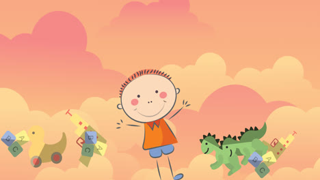 Animation-of-illustration-of-happy-boy-with-toys-over-orange-clouds-in-background