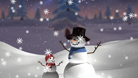 Snowflakes-falling-over-snowman-and-kid-snowman-on-winter-landscape
