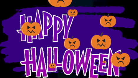 Animation-Von-Halloween-Grüßen-Und-Kürbissen,-Die-Sich-über-Einen-Violetten-Hintergrund-Mit-Bäumen-Bewegen