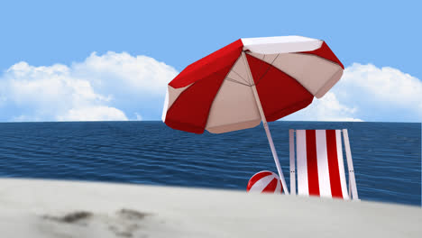 Animation-of-red-and-white-parasol-and-deck-chair-on-beach-on-sunny-day
