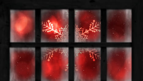 Animation-Von-Fallendem-Schnee-über-Weihnachtsschneeflocken,-Gesehen-Durch-Fenster