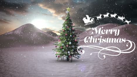 Frohe-Weihnachten-Text-Banner-Gegen-Schnee-Fällt-über-Weihnachtsbaum-Auf-Winterlandschaft