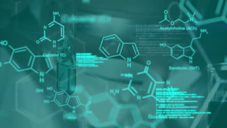 Animation-of-data-processing-and-chemical-formula-over-scientist-in-lab
