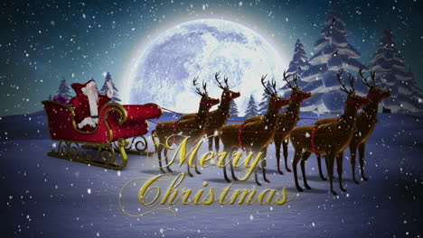 Animation-of-santa-sleigh-and-merry-christmas-in-night-winter-landscape