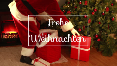 Animation-of-frohe-weihnachten-greeting-text-in-frame-over-santa-claus,-presents-and-christmas-tree