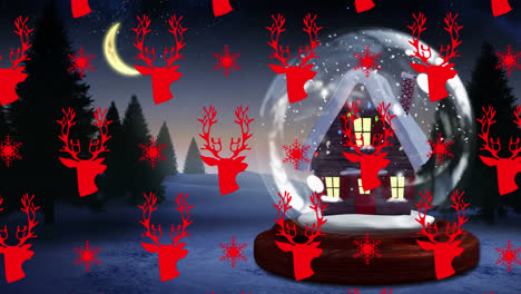 Red-reindeer-and-snowflakes-icons-against-house-in-a-snow-globe-on-winter-landscape